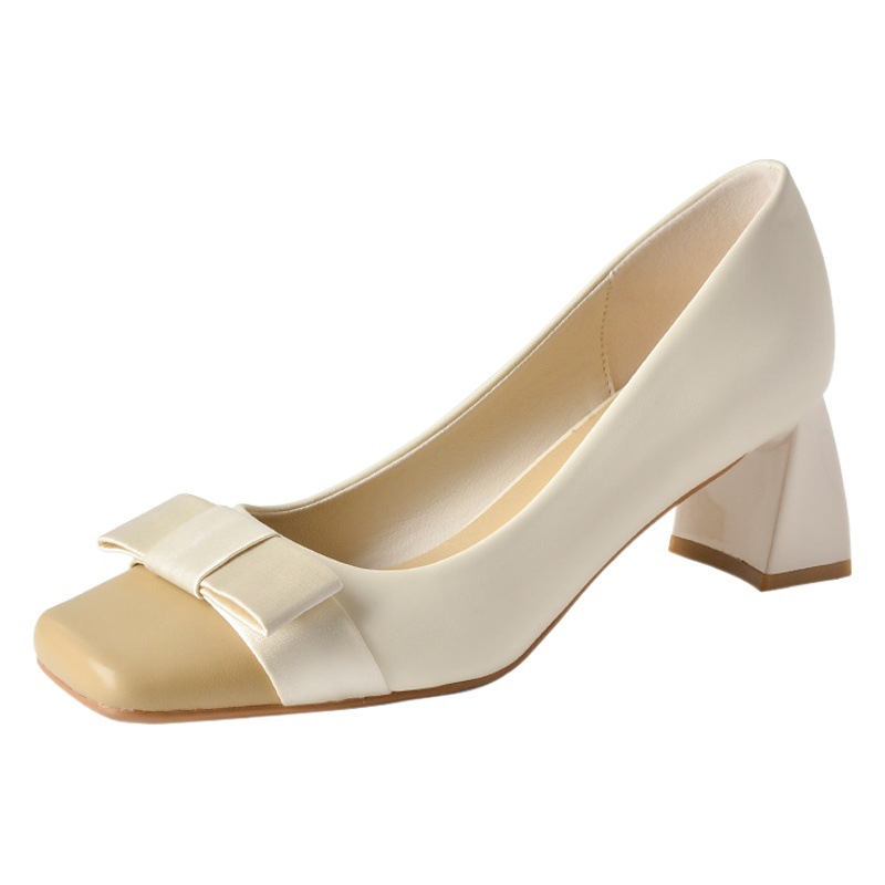 5525-2 Small Xiangfeng Vintage Stitching Small Bow Color Matching Square Head Thick Heel Single-layer Shoes Women's High Heel All-match Spring and Autumn