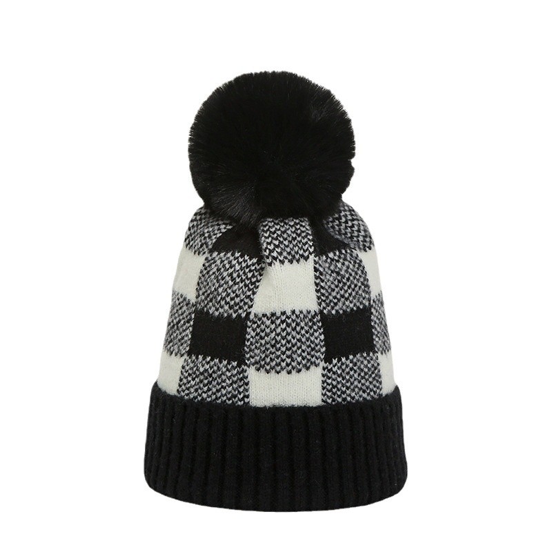 Picture of Korean Style Women's Autumn and Winter Warm Hat with Artistic Plaid Design, Rabbit Fur Pom-Pom, Fashionable Knitted Hat with Artistic Flair