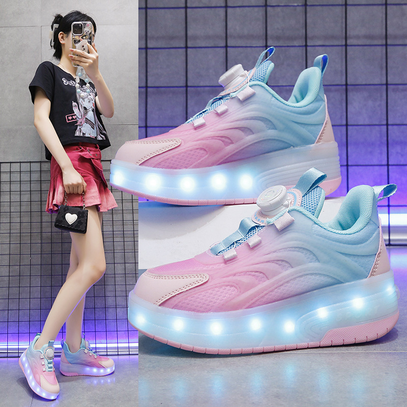 Cross-border source heloo shoes two-wheel children's roller skates adult skating two-wheel retractable luminous shoes for boys and girls