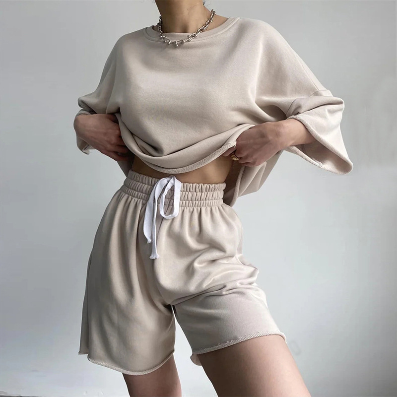 Amazon Street Style European and American New Casual Suit Women's Half-sleeved Round Neck Loose Short-sleeved Tethered Shorts Two-piece Set