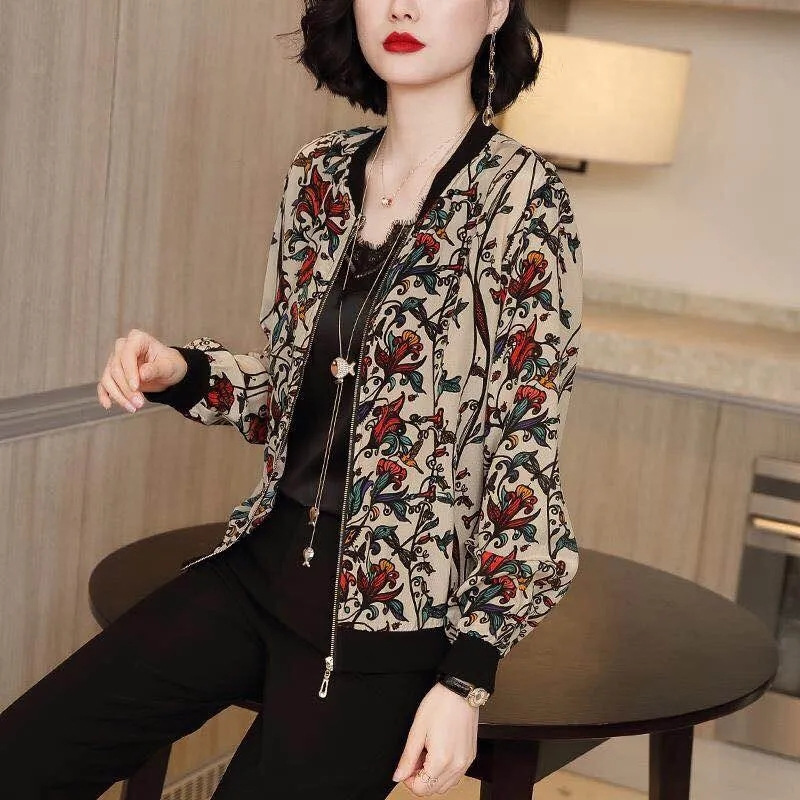 Summer All-match Printed Zipper Cardigan Mother's Top Short Chiffon Anti-ultraviolet Cycling Sun Protection Clothes for Women