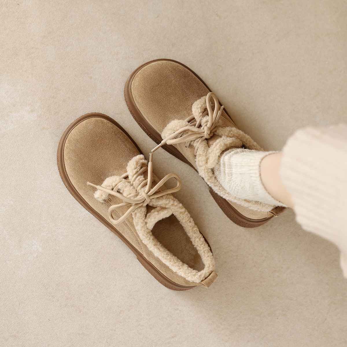 Weiwei Girl 688-6 Thick Bottom Loafers Women's fleece-lined Retro Single Shoes Lace-up Birkenthal Shoes Winter Warm Cotton Shoes