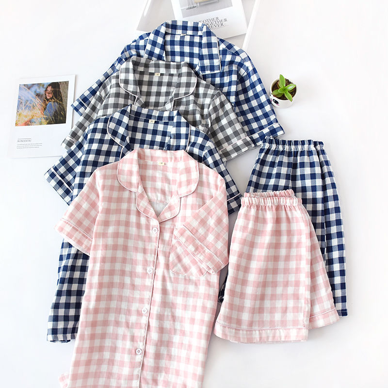 Summer Shorts Short Sleeve pure cotton yarn Plaid couple pajamas summer plus size thin summer cotton home wear suit