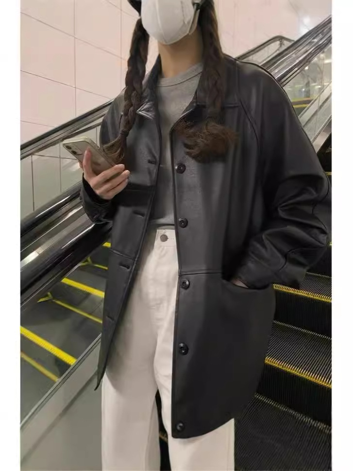 South Korea Dongdaemun 2024 Autumn New Vintage Simple All-match Loose Casual Imitation Leather Jacket Coat Women