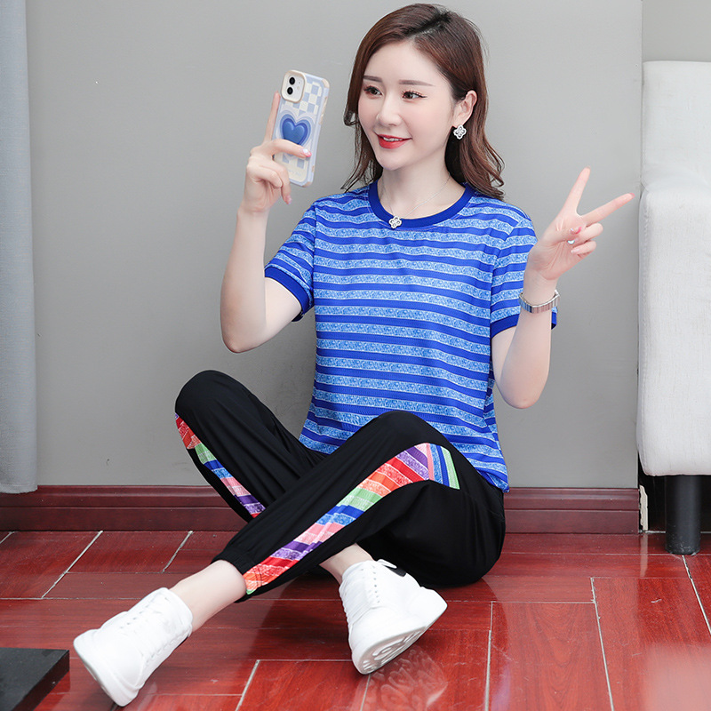 Picture of Ice Line Quick-drying Stretch Vertical Fashion Casual Sports Suit Women's Summer Thin Mesh Breathable Striped T-shirt Trendy
