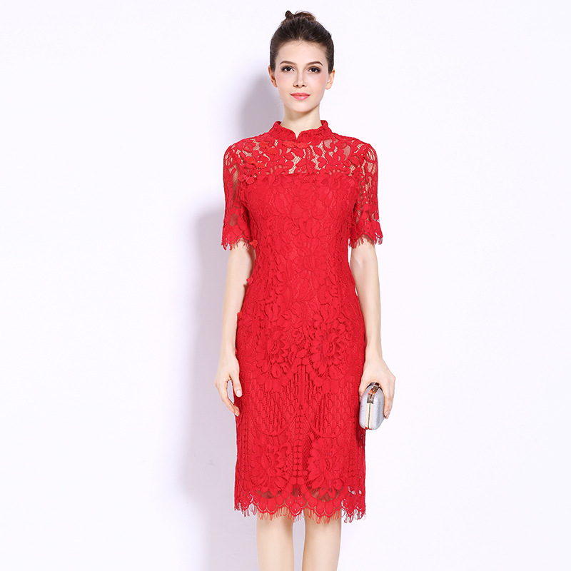 Picture of European Station 2023 Summer and Autumn Women's Clothing Foreign Trade New Slim-fit Red Bridal Dress Short-sleeved Cheongsam Lace Dress