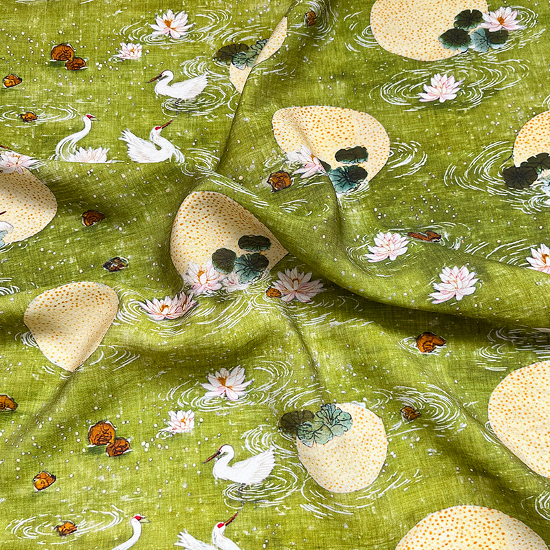 Bichi lotus crane brocade cotton fabric digital printed fabric new Chinese style cheongsam dress top Hanfu fabric