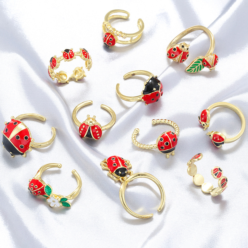 Creative Cute Colorful Dripping Coccinella septempunctata Ring Female Niche Personalized Insect Open Ring VJ783-804