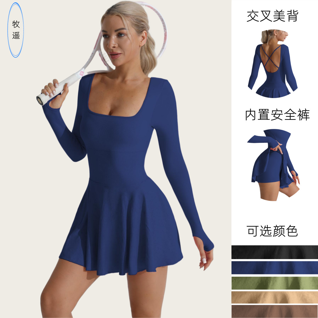 Cross-border Explosions Beautiful Back Golf Conjoined Tennis Skirt Running Sports Fitness Shorts Yoga Clothes Long Sleeve Skirt