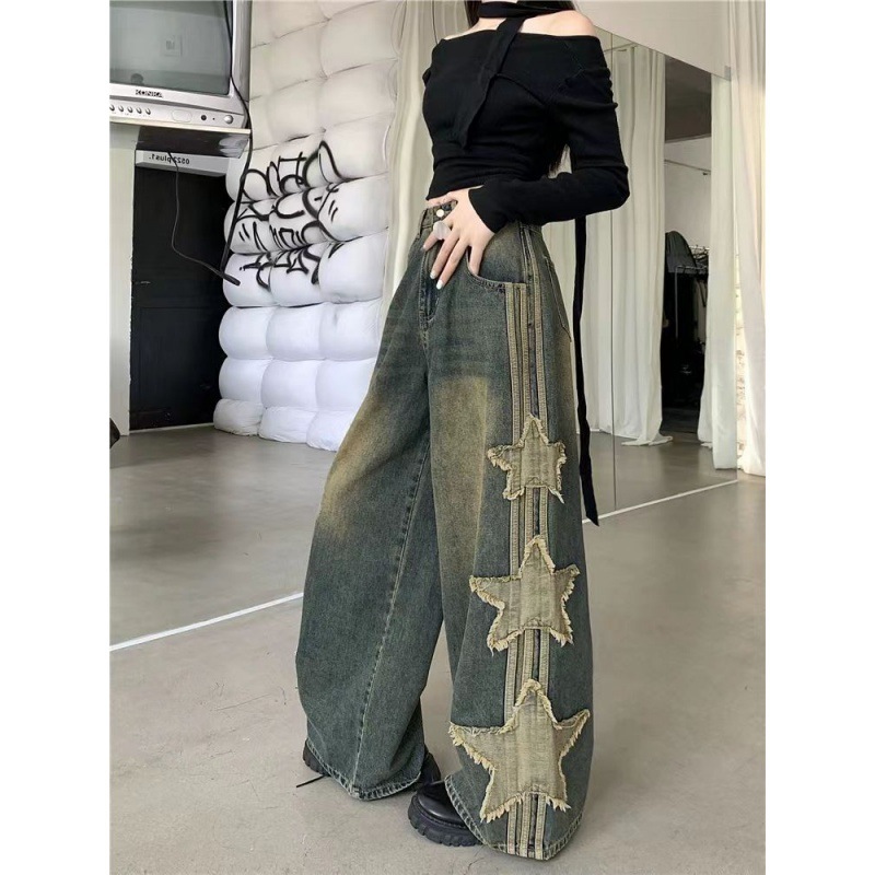 American-style High Street Harajuku Star Padded Jeans Women's Spring New High Waist Loose Pendant Straight Trendy Pants