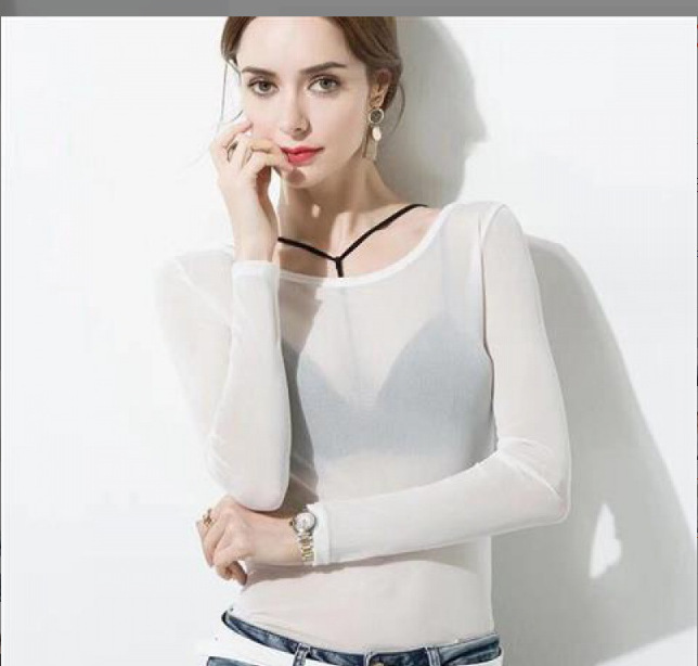 Picture of Autumn 2023 Black Transparent Mesh Base Shirt Women's Long-sleeved Sexy Perspective Thin Mesh Shirt Super-stretch Shirt