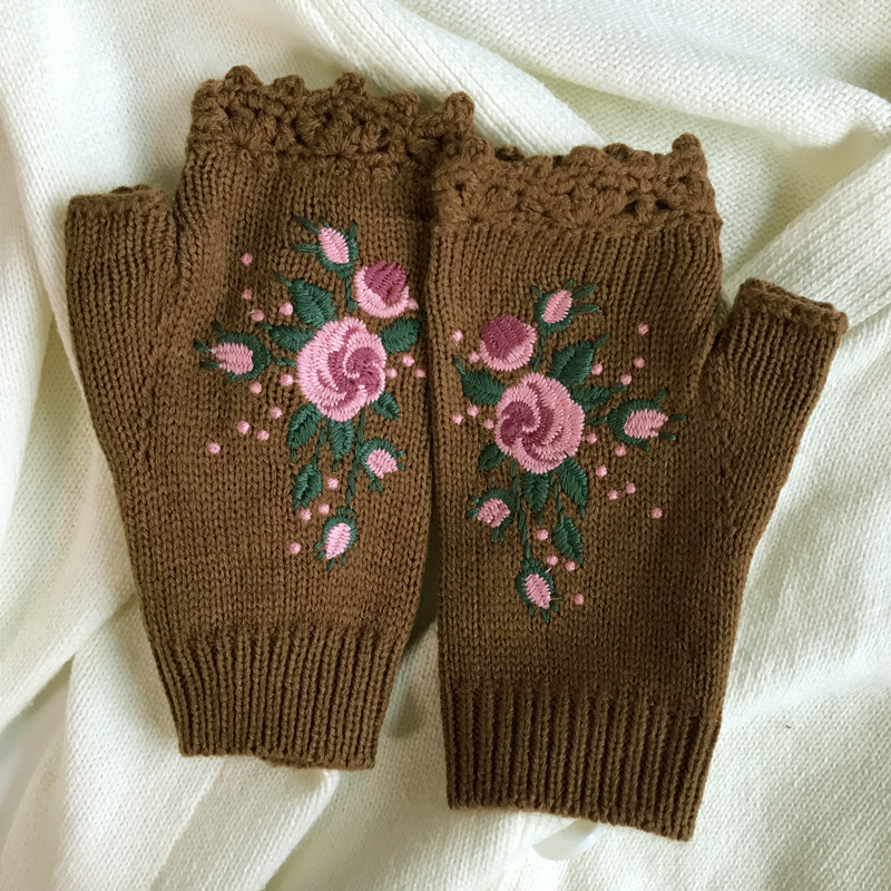Picture of ins Hot Selling Autumn and Winter Women's Warm Wool Half-Finger Gloves Bee Small Flower Embroidered Knitted Gloves