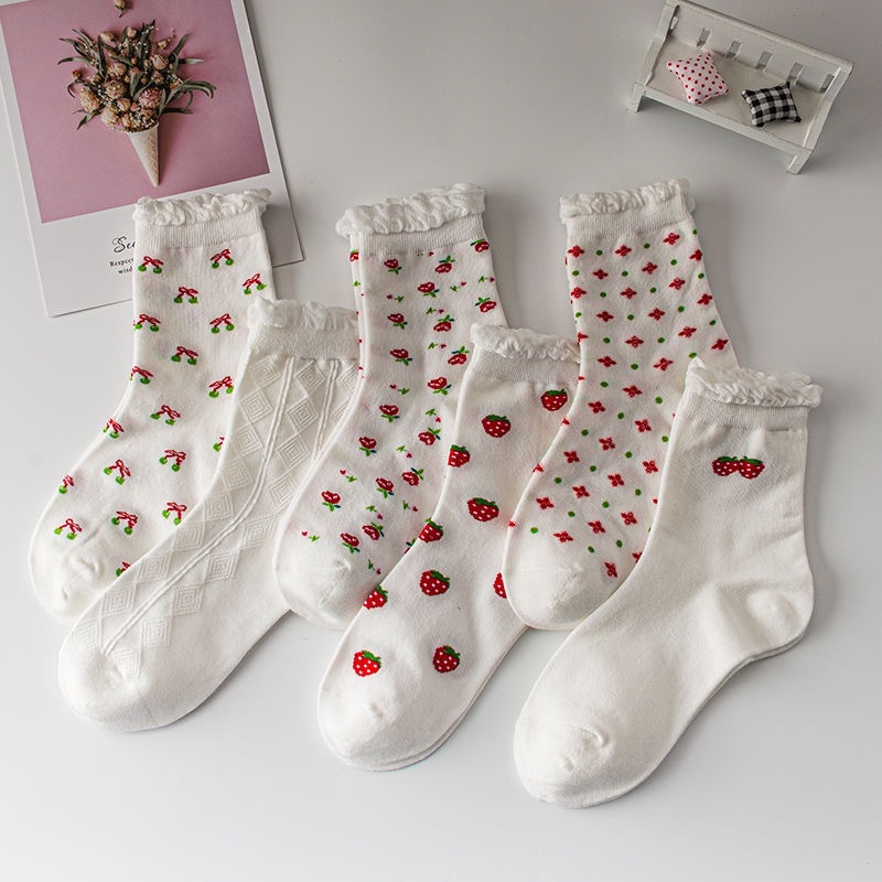 Picture of White Bubble Socks for Women, Mid-Calf Lolita Lace Long Socks, Student Socks, Strawberry Casual Versatile Socks