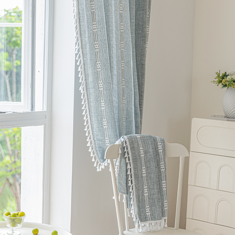 Picture of Cross-border exclusive for Nordic cotton and linen curtains multi-color solid color cotton and linen yarn semi-transparent bedroom living room floor curtains with yarn
