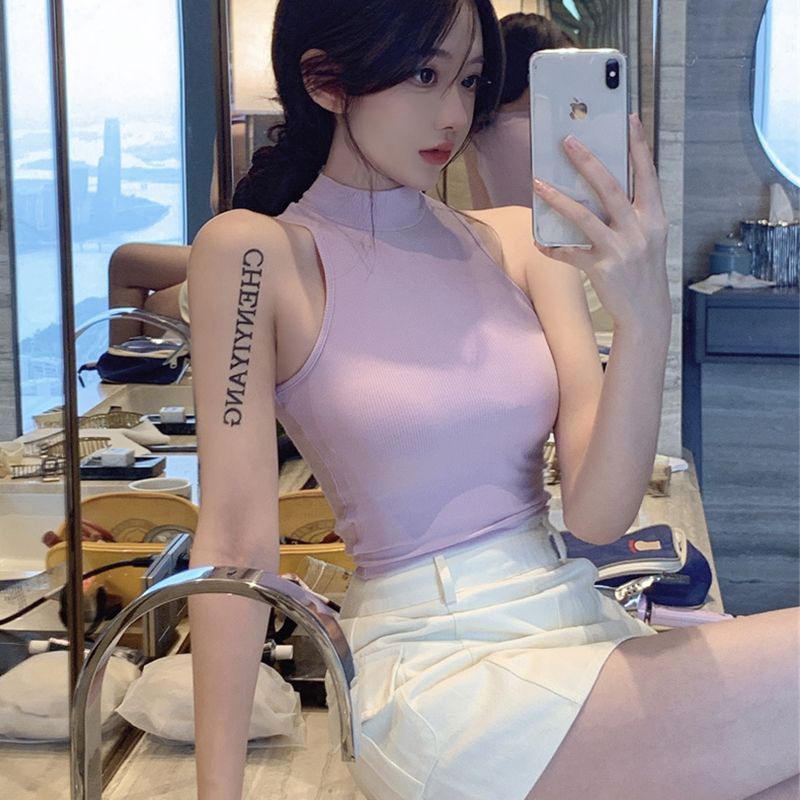 Short half turtleneck bottoming sleeveless vest women's outer wear summer tight slimming slim fit hot girl purple top sexy