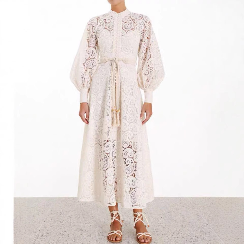 in stock cross-border 2025 spring and summer new heavy industry niche court retro lantern sleeve long dress distribution belt