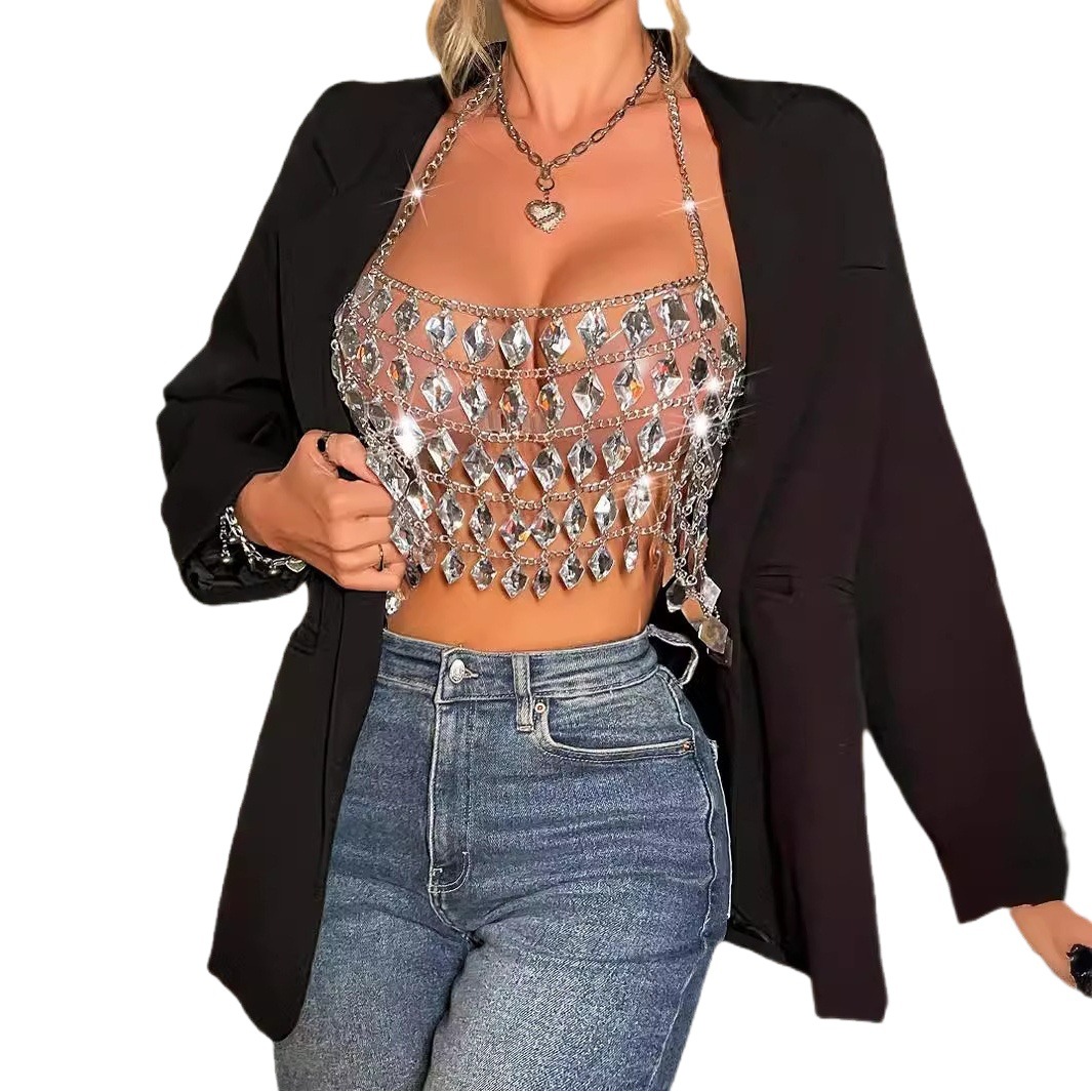 Amazon European and American AliExpress Cross-border Women's Handmade Nightclub Sexy Hollow Gem Neck Backless Hanging X21486