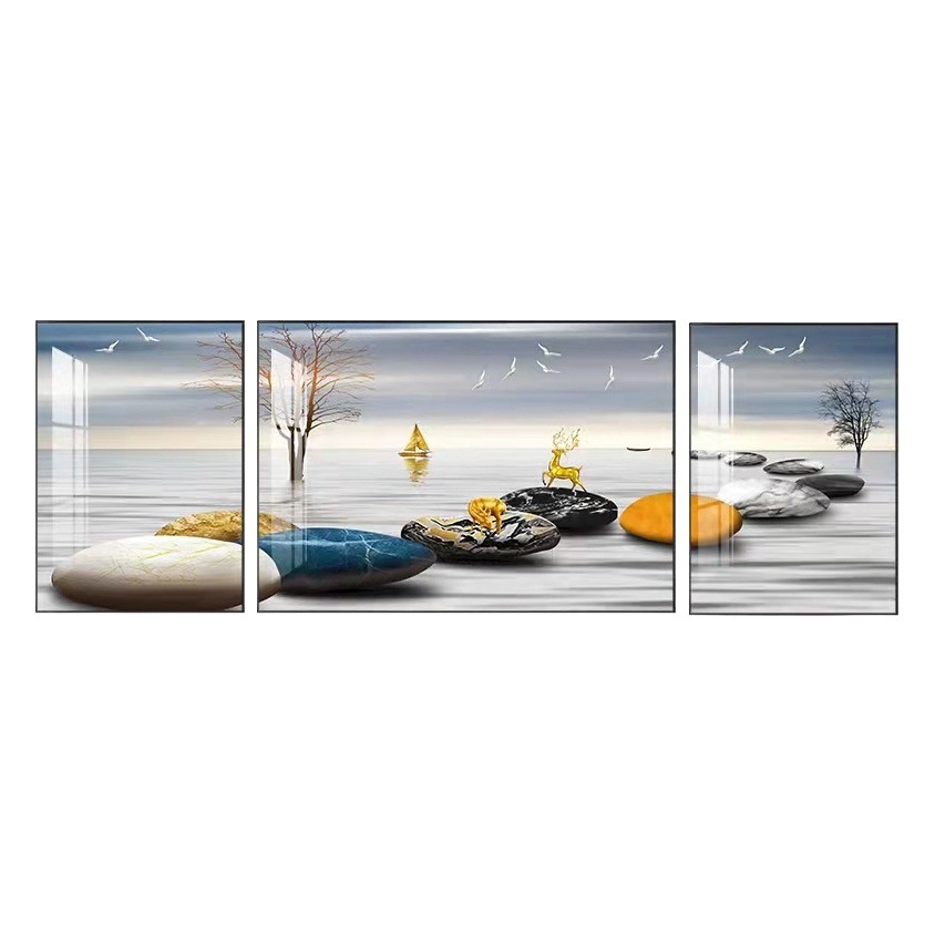 Modern Minimalist Living Room Decorative Painting Advanced Sense Sofa Background Wall Light Luxury Hanging Painting Mural Atmospheric Triple Crystal Porcelain Painting