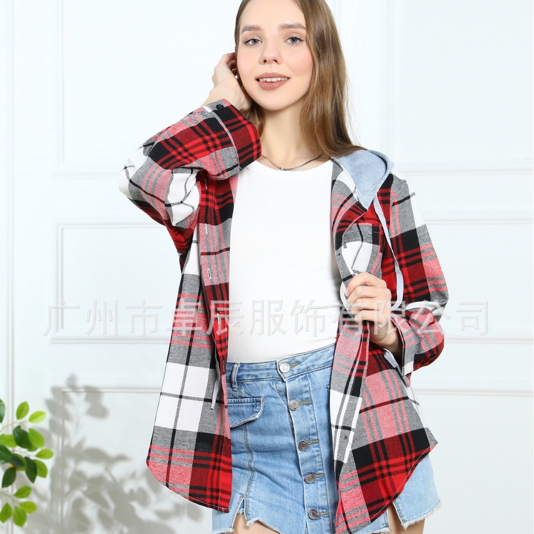 2024 Amazon Cross-border Women's Elegant Spring and Autumn Drawstring Contrast Knitted Hooded Plaid Long Sleeve Hooded Shirt