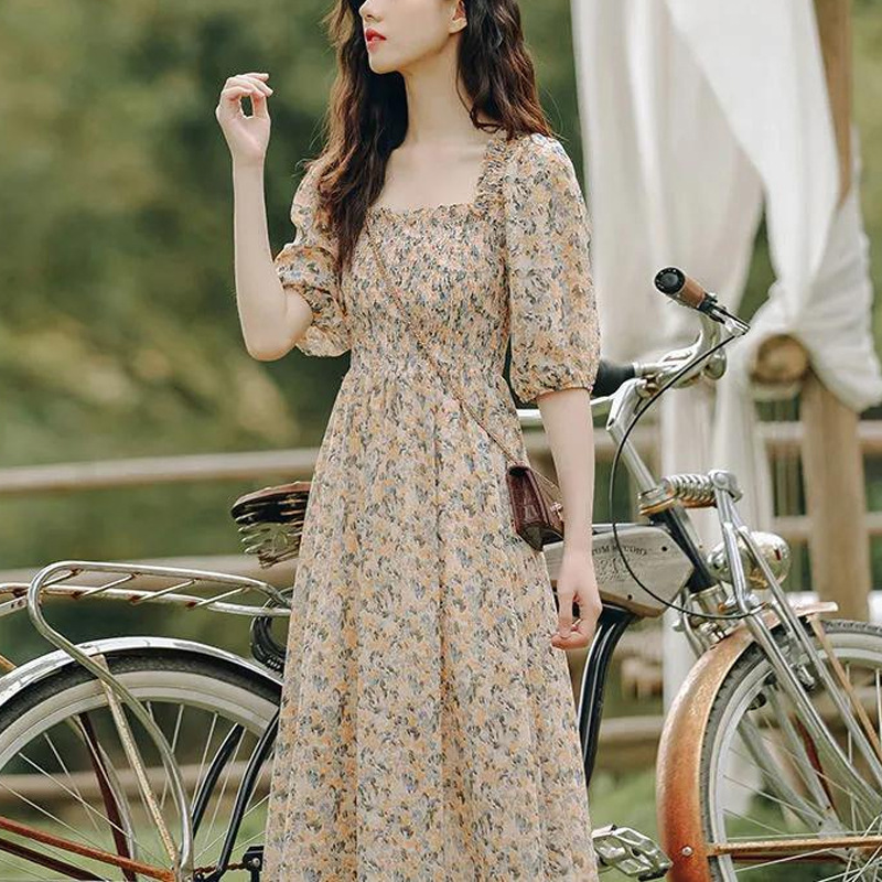 Women's 2024 Summer New Floral Long Dress Chiffon Mori Style French Retro Super Fairy Square Collar Puff Sleeve dress