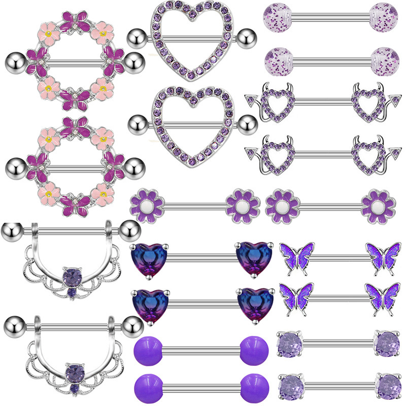 Gabei Europe and the United States cross-border sexy suit breast ring purple chest ring stainless steel straight rod piercing jewelry breast ring nail