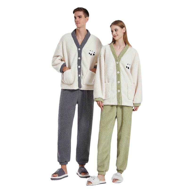 Cross-border couple pajamas women's winter coral fleece thickened home wear half velvet cartoon panda couple pajamas suit