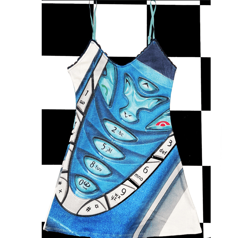 Europe and the United States ins new cross-border sexy hot girl millennium Y2K electronic keyboard printing strap lace dress