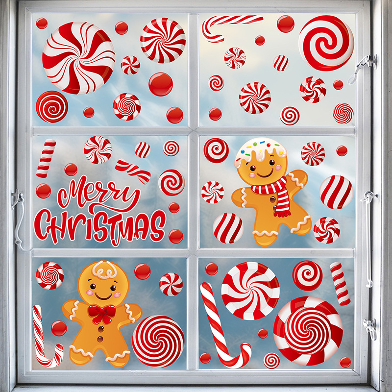 Cross-Border Wholesale Christmas Decorations Christmas Gingerbread Man Candy Crutches Bedroom Living Room Window Glass Stickers