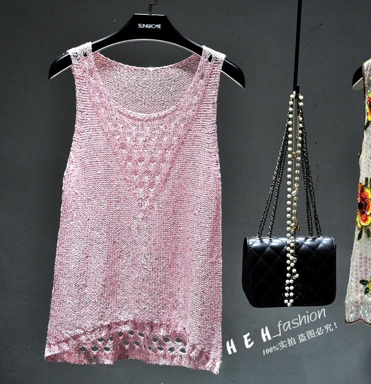 Picture of Summer New Beaded Sparkling Sequins Hollow Thin Sleeveless Sweater Front Short Back Long Vest T-shirt Top Women