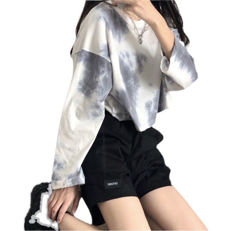Tie-Dye Short Loose Long-Sleeved T-Shirt for Women Pure Color Women's Bottoming Shirt Round Neck Top Korean Women's Clothing One Piece Drop Shipping