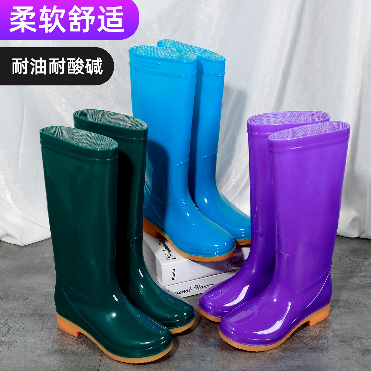 Women's Mid-High rain boots fleece-lined warm non-slip waterproof rubber shoes winter fashion rain boots work kitchen waterproof overshoes