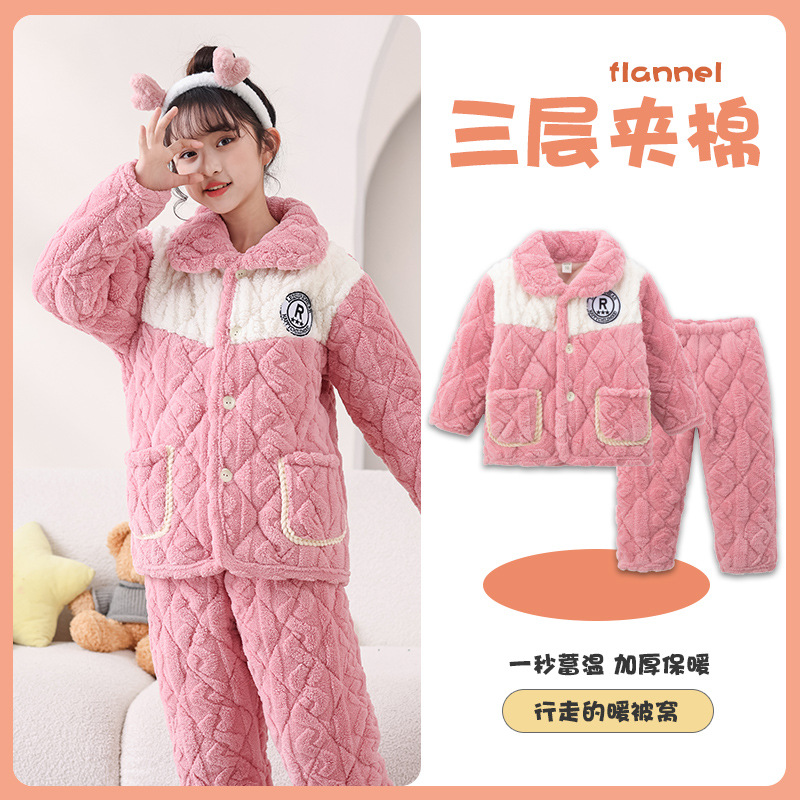Picture of Children's Three-Layer Quilted Pajamas Winter Flannel fleece-lined Thickened Boys' Girls' Baby Warm Home Clothes suit