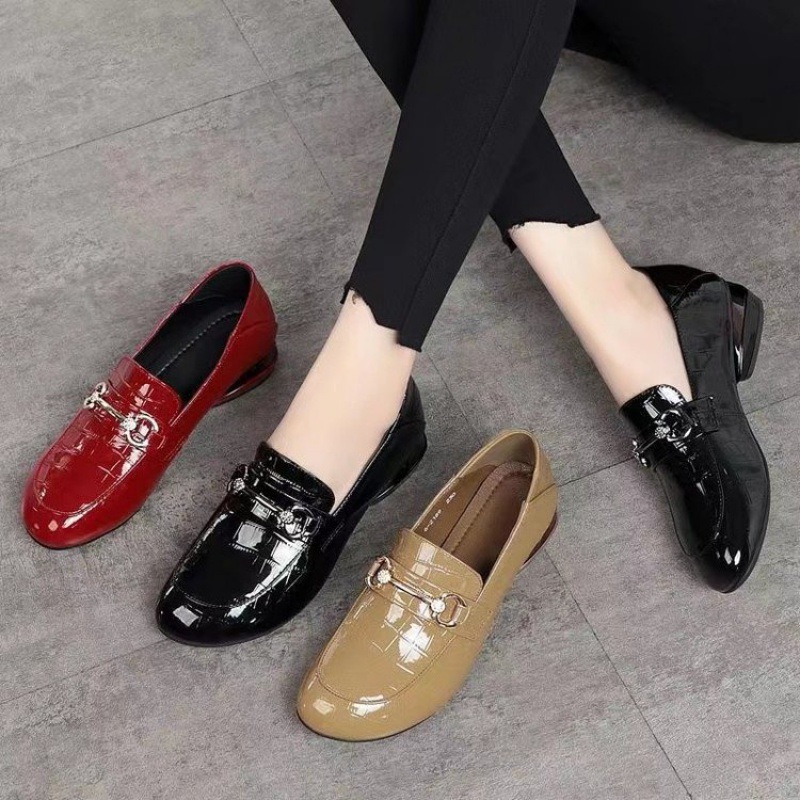 Rubber Low-Heel (Less Than 3cm) Single Shoes, Low-Top Shoes with Round Toe, Pu Mid-Cut Square Heel, Fashionable Casual Rubber Sole