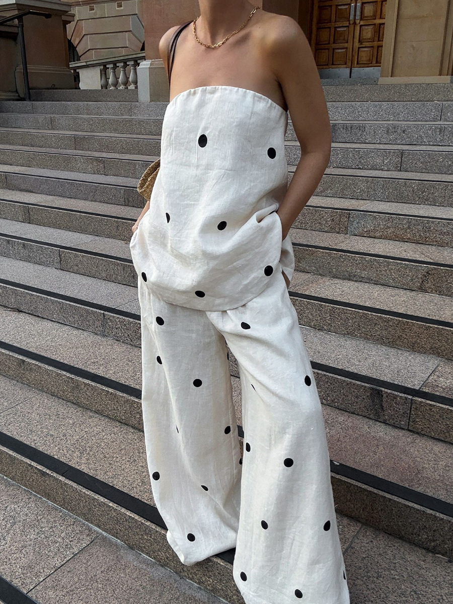 Cross-border Strapless Pants suit European and American Style Spring and Summer 2025 New Fashion Casual Wave Point Strapless Pants suit Women