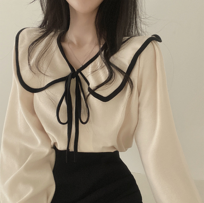 Spring/Summer 2024 New Doll Collar Lace-up Lantern Sleeve Shirt Women's Inner and Outer Wear Solid Color Shirt
