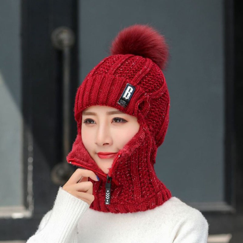 Korean-style New B- standard One-piece Hat Women's Winter Warm Knitted Hat Fleece Cold-proof Bike Neck One-piece Wool Hat