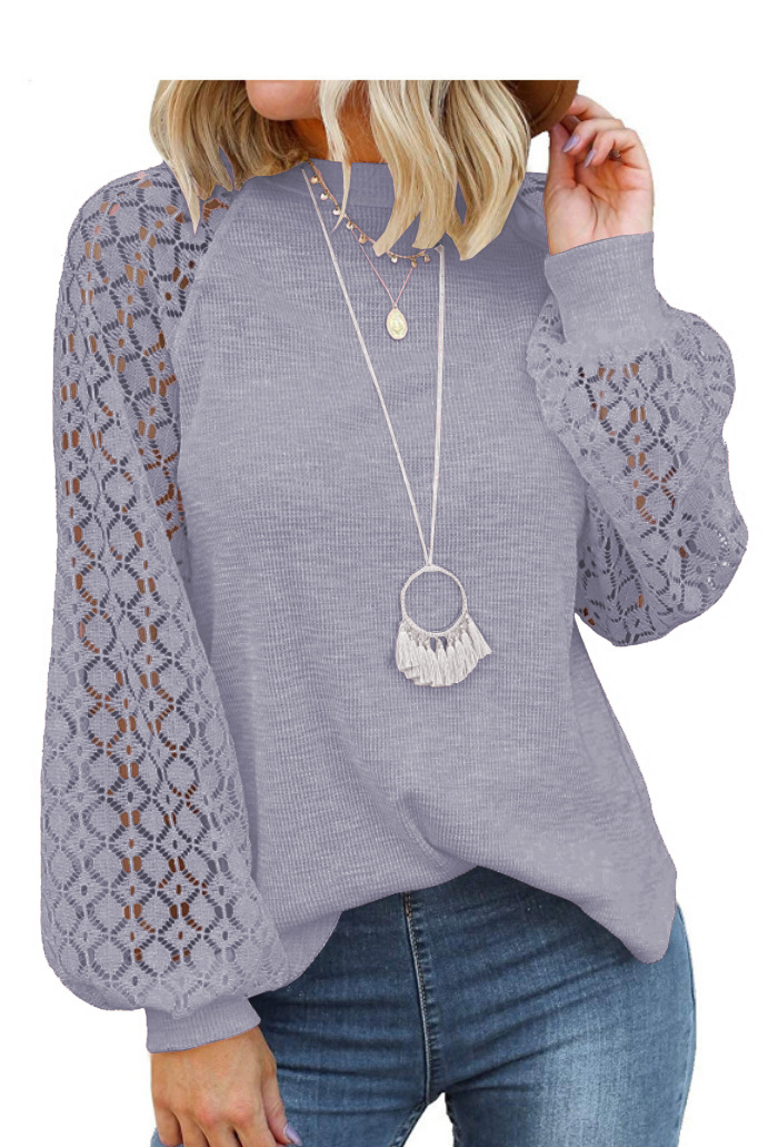 Picture of 2025 New Women's Clothing Amazon Cross-Border Round Neck Long Sleeve Lace Patchwork Loose Top for Women