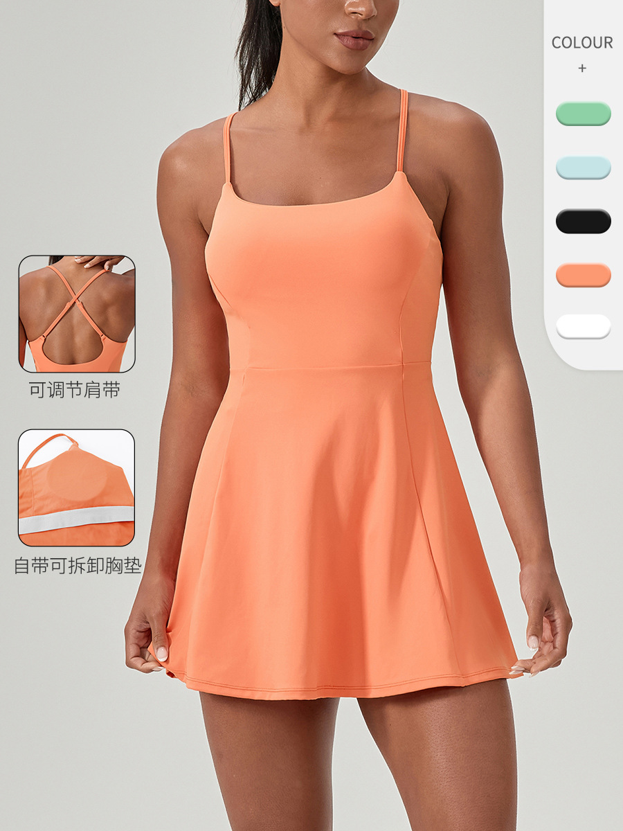 European and American Summer Fitness conjoined Tennis Skirt with Chest Pad Women's Naked Quick-drying Sports dress Running Skirt 52166