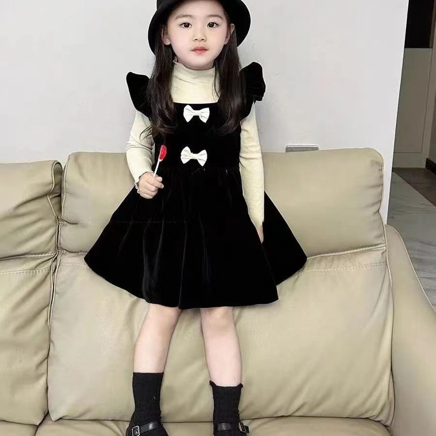 Picture of Plus thick velvet warm bottoming shirt + gold velvet small flying sleeves dress Korean style girls' Western style fried street two-piece suit