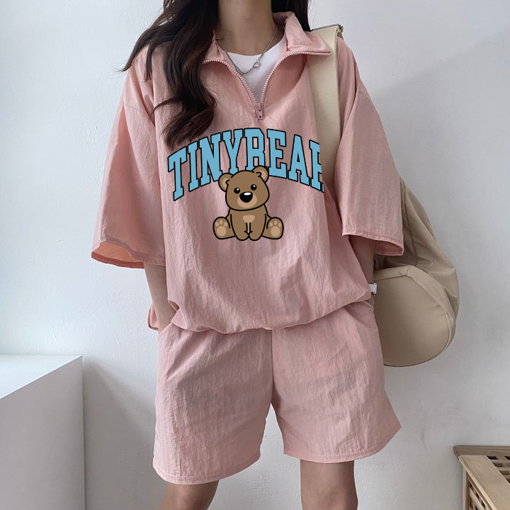 Foreign Trade Foreign Style Pink Sports suit Women's Summer New Half Zipper Short Sleeve South Korea Wide Leg Shorts Design Sense Two