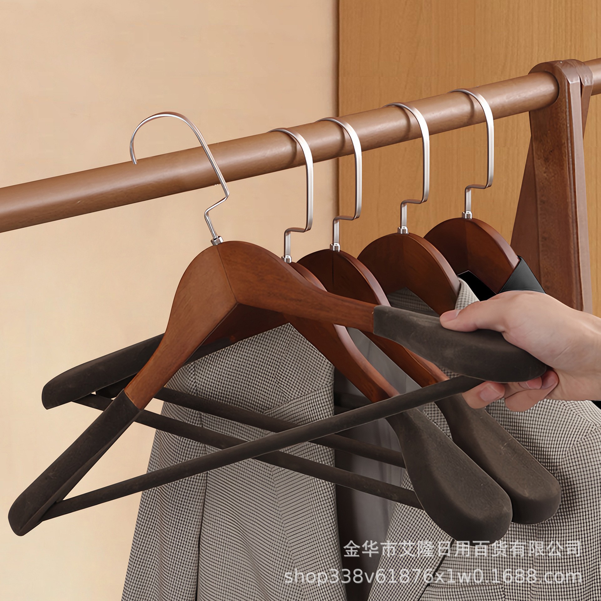 Picture of High-grade solid wood wide shoulder flocking hanger household coat suit seamless hanging clothes support solid wood hanger wholesale