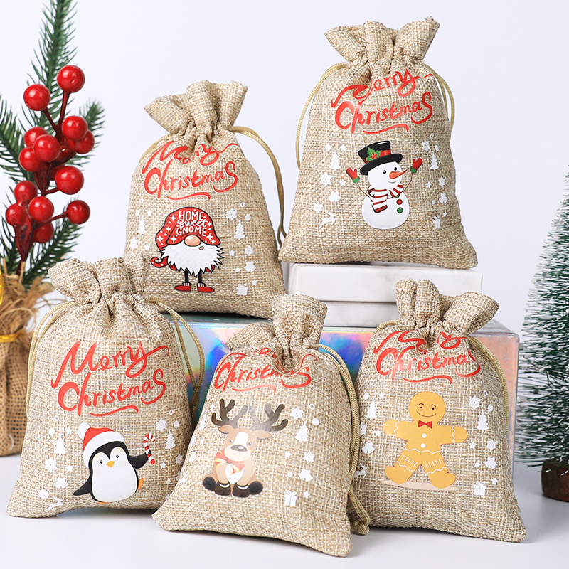 New Christmas Linen Drawstring Bag Gift Bag Party Children's Packaging Bag Christmas Gift Bag Set Wholesale
