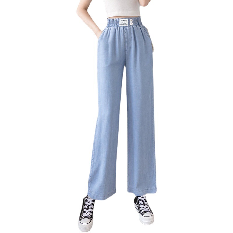 25 Year Spring Summer Autumn Wide Leg Imitation Tencel Jeans Women's High Waist Loose Dosing Thin Straight Pants