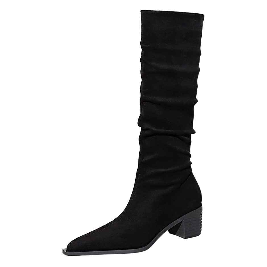 009-17 retro European and American style Knight boots winter fashion women's boots mid heel chunky heel pointed suede wrinkle high boots