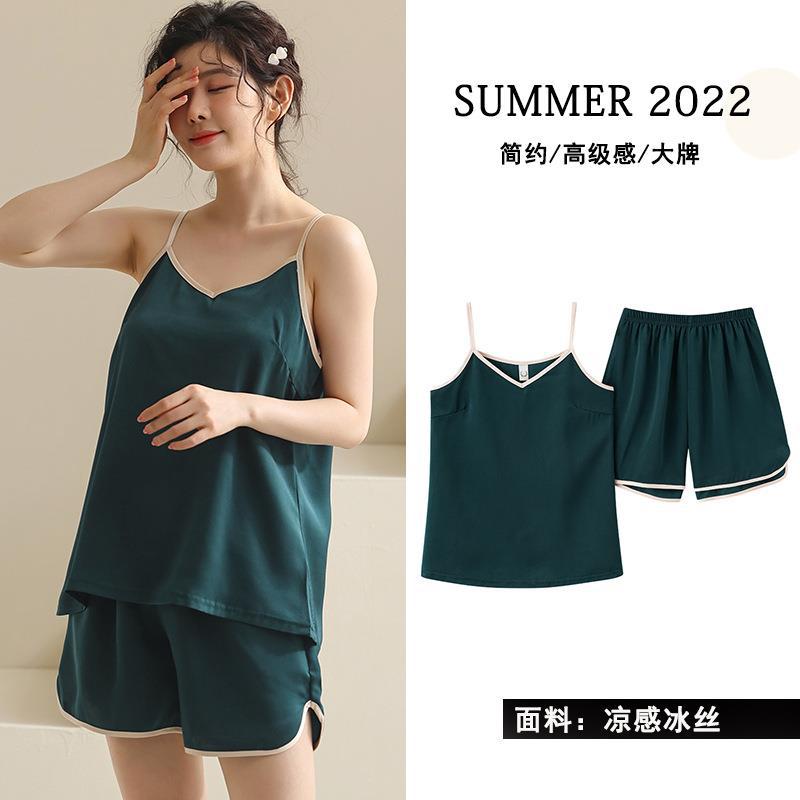 2022 New Ice Silk Sexy Sling Pajamas Women's High Sense Solid Color Home Clothes Vest Sleeveless Suit