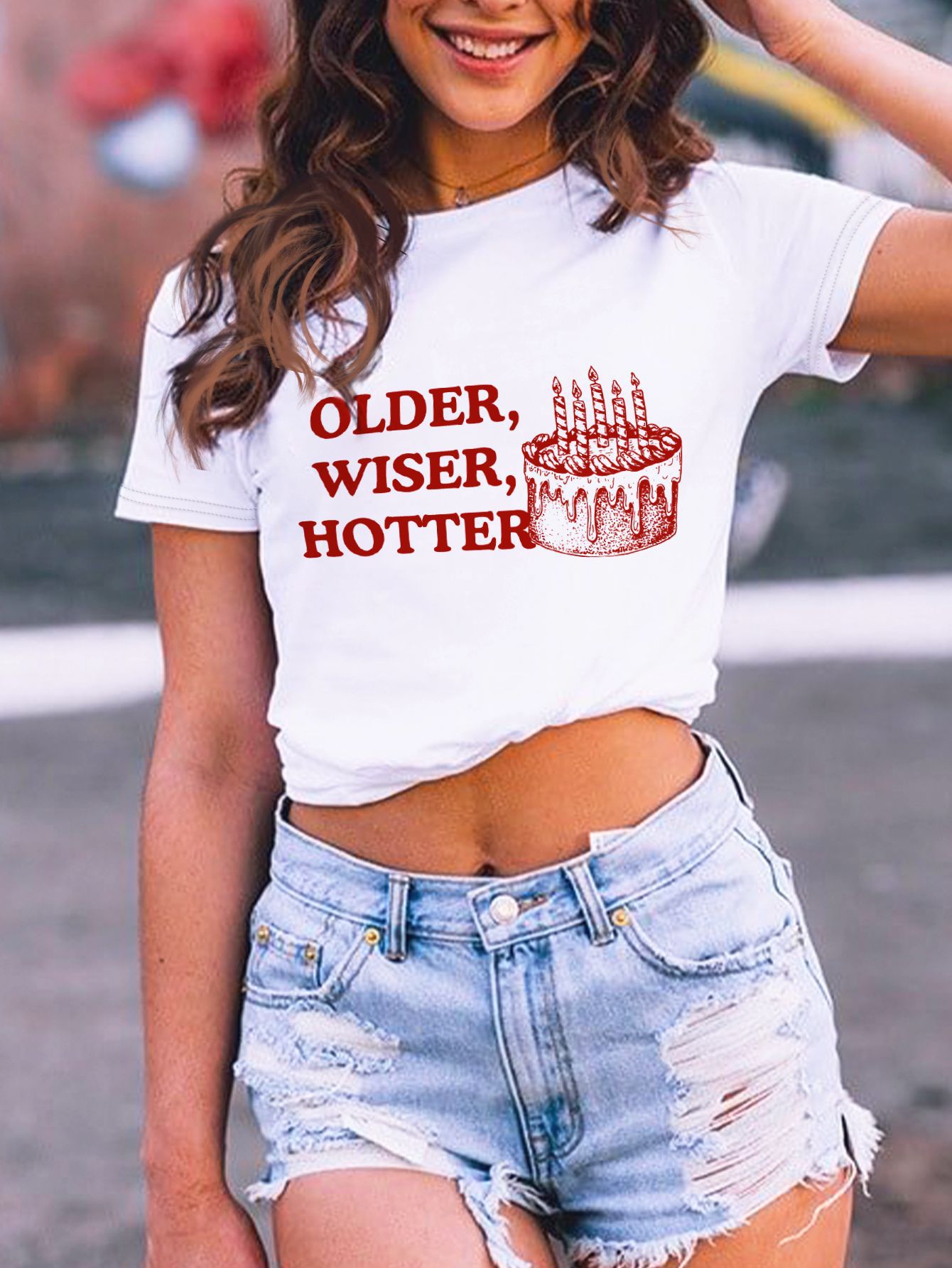 Women's Casual English Cake Print Crewneck T-Shirt