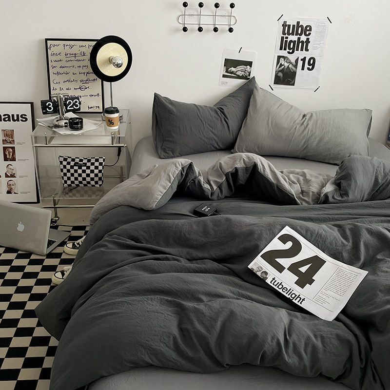 Picture of Four-piece bed set A can sleep naked wash cotton quilt cover solid color bed sheets student dormitory three-piece bed hat wholesale 4