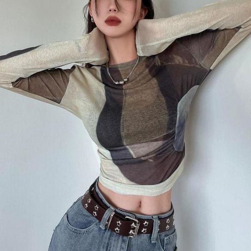 Early Autum New Long-Sleeved Sun Protection Bottoming T-Shirt Contrasting Color Smudged Round Neck Slim Fit Western Style Women's Retro Top