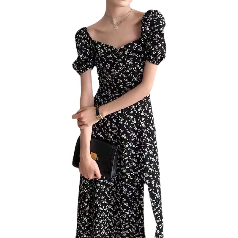 Cross-Border French Floral Dress Women's Summer Square Neck Puff Sleeves Slit Waist Temperament Tea Break Long Skirt
