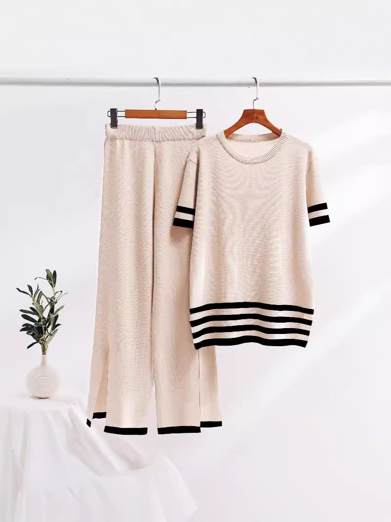 European and American simple fashion top two-piece round neck short sleeve color matching striped top loose high waist trousers suit